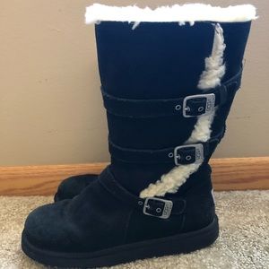 Black Suede UGG Boots 3 Buckles Shearling Lined Mid Calf Size 7.5